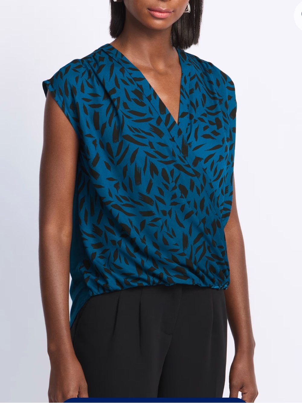 Sleeveless Teal V-Neck Blouse with Black Leaf Print
